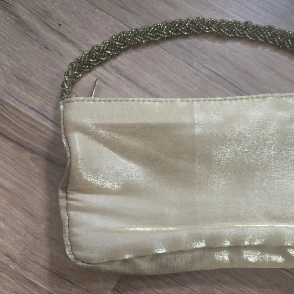 Vintage Jessica McClintock Womens Purse Gold Sateen Formal Clutch Bead Handle
